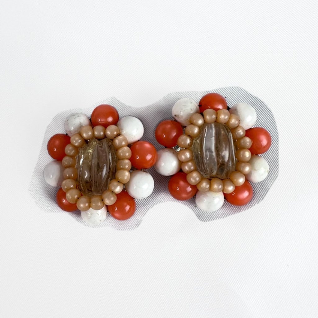 Vintage Beau Jewels Clip On Earrings Orange White Beads